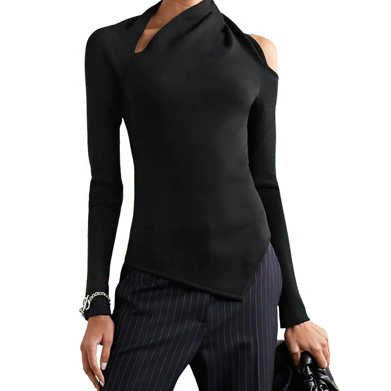 Women's black slim top with off shoulder design, featuring full sleeves for an alternative fashion look.