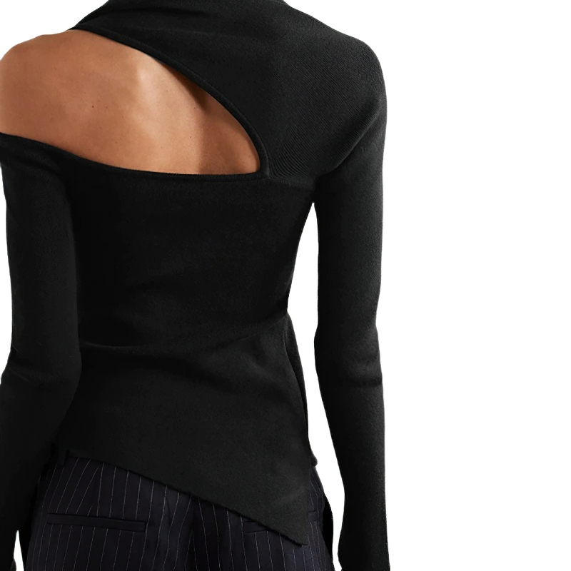 Black women's slim off-shoulder top showcasing a stylish hollow-out design, perfect for alternative fashion lovers.