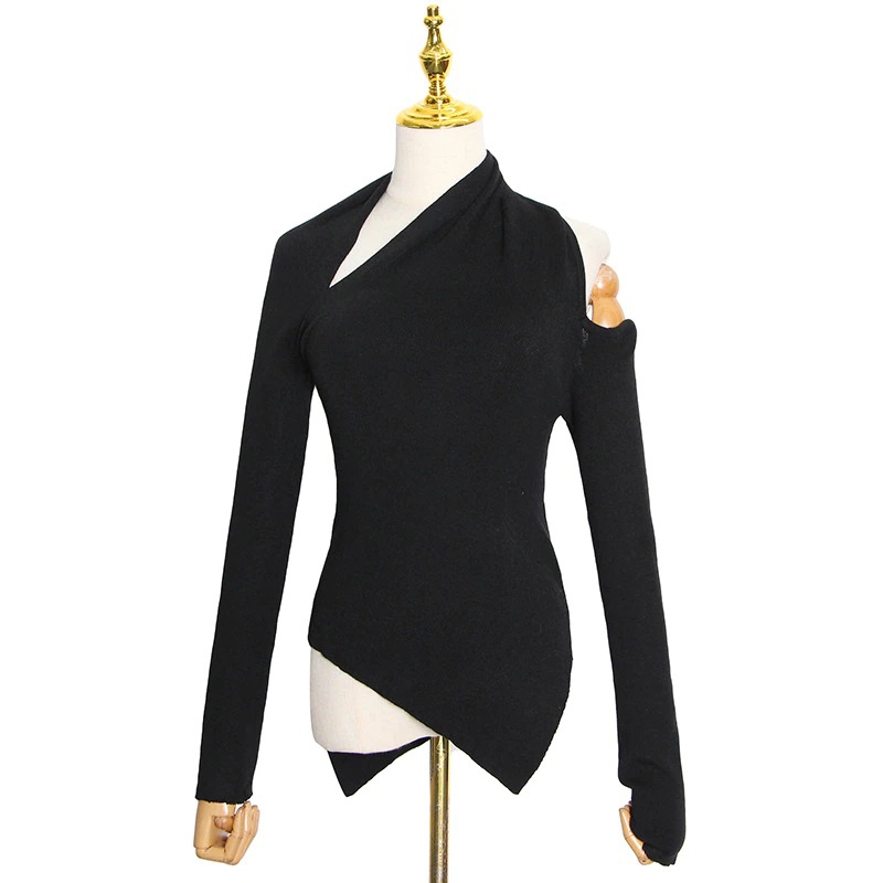 Women's black slim top with one off-shoulder and long sleeves, perfect for alternative fashion style.