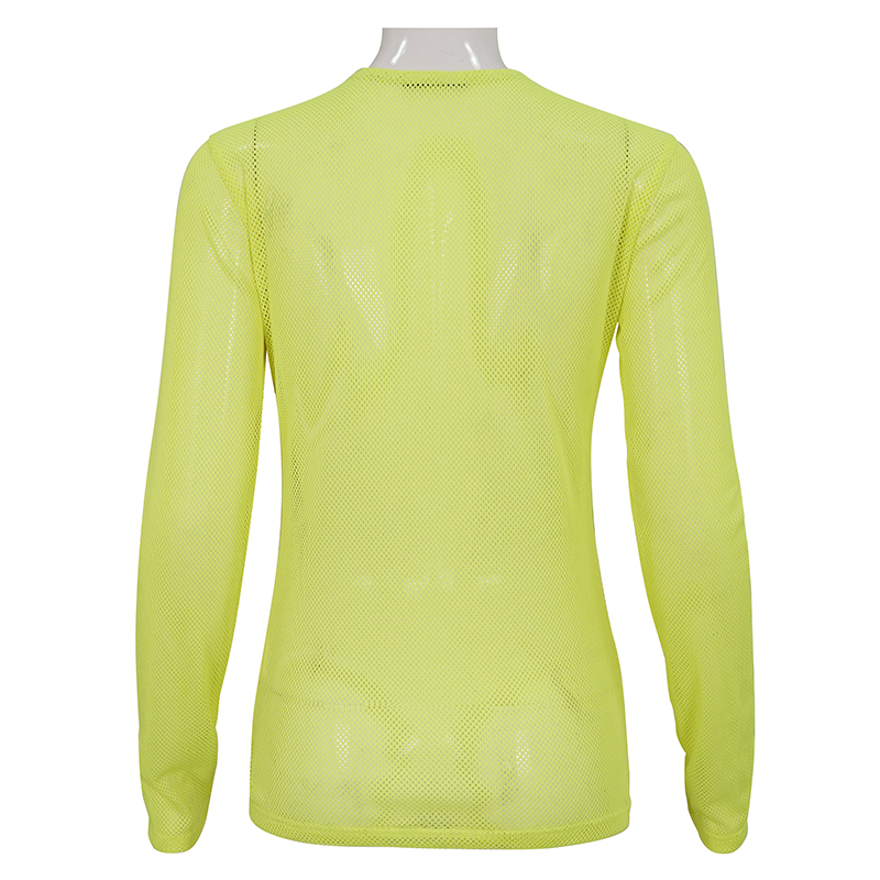 Back view of a women's transparent yellow mesh long sleeve top, showcasing its stylish alternative design and quality fabric.