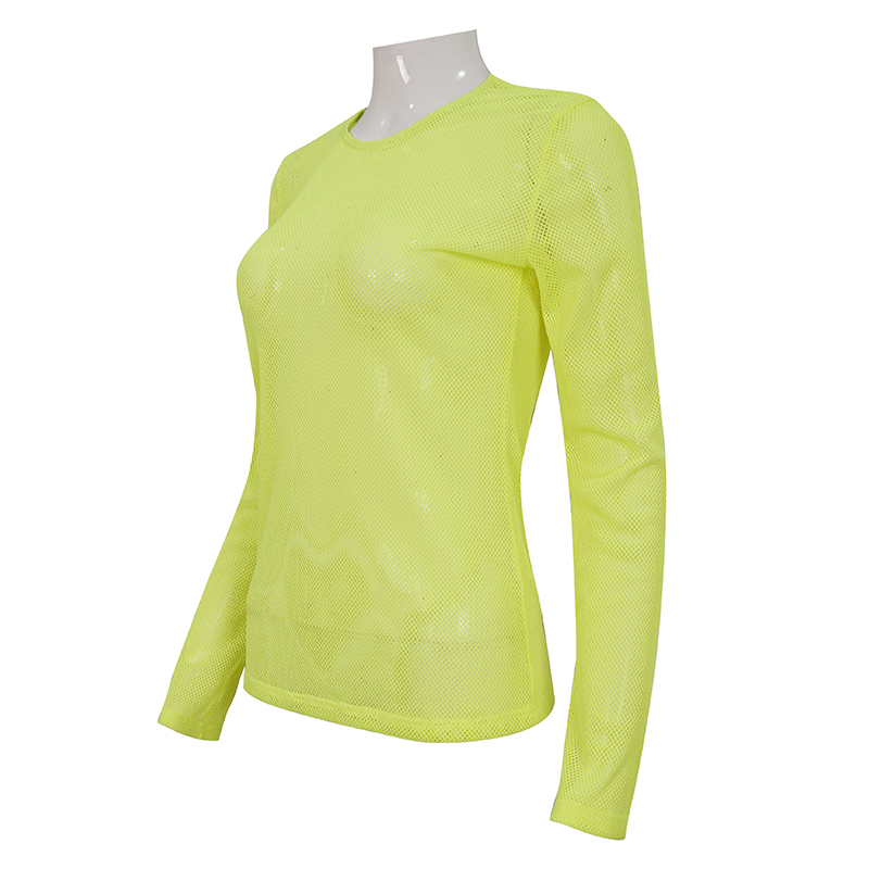 Women's stylish yellow mesh top featuring long sleeves, perfect for alternative fashion looks.