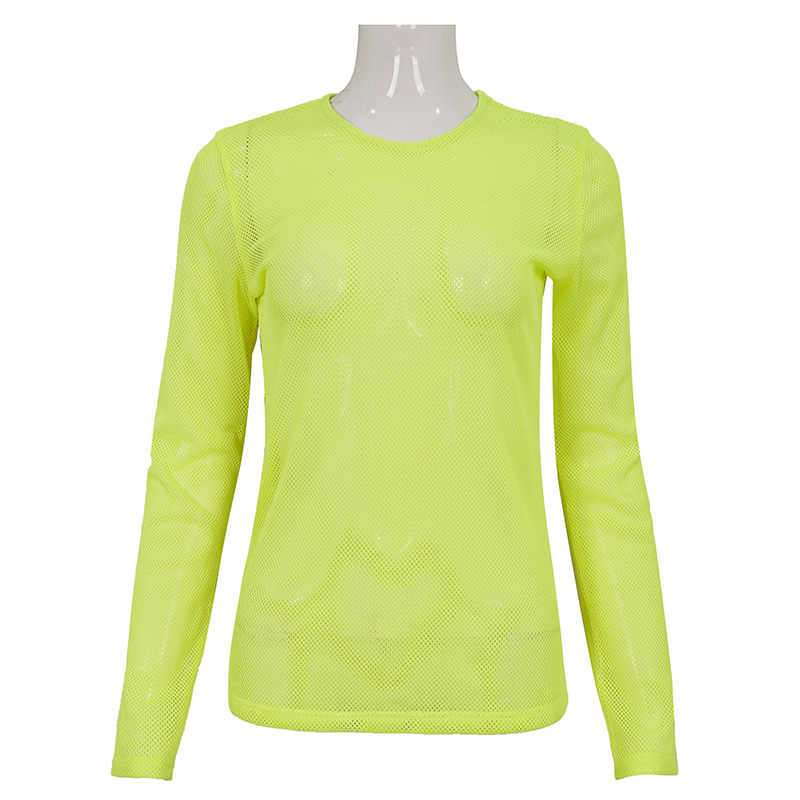 Bright yellow women's mesh top with long sleeves, perfect for alternative style fashion.