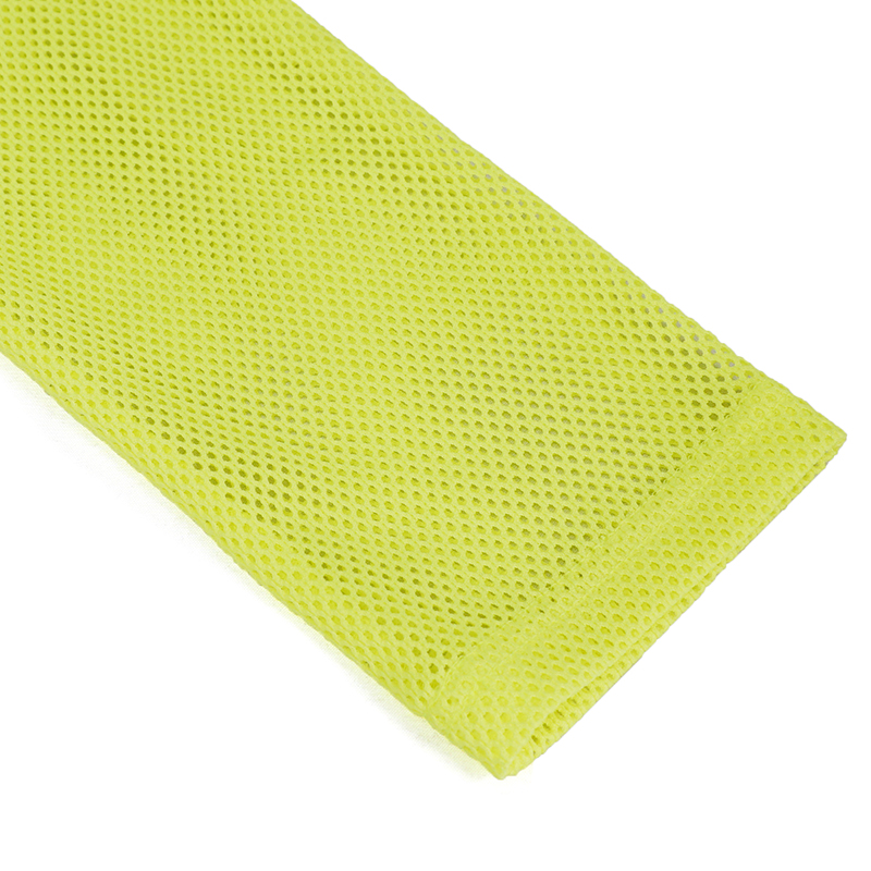 Close-up of bright yellow mesh fabric showcasing its soft and stretchy texture, perfect for a stylish women's top.