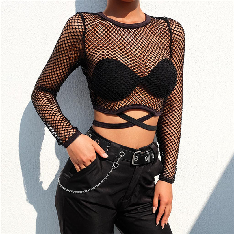 Women's Solid Knit Top / Sexy Black Long Sleeve Perspective Mesh Streetwear / Gothic Clothing - HARD'N'HEAVY