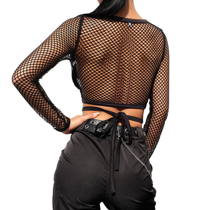Back view of a women's black long sleeve knitted mesh crop top, showcasing its gothic style and trendy design.