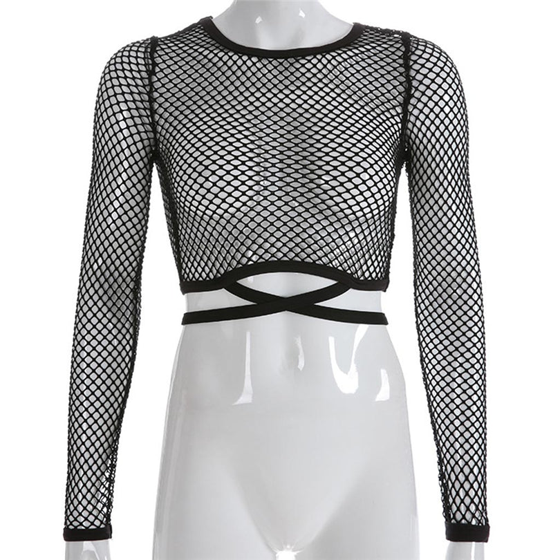 Women's sexy black long sleeve knit crop top with mesh design, perfect for gothic streetwear fashion.