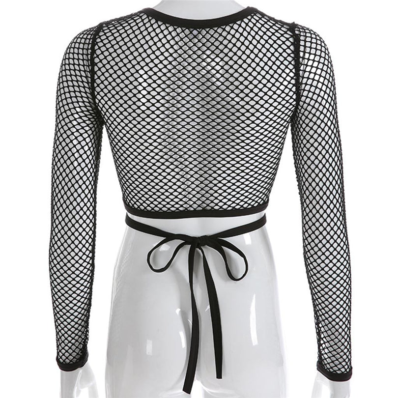 Back view of a sexy black long sleeve knitted mesh crop top with unique tie detail, perfect for gothic streetwear fashion.