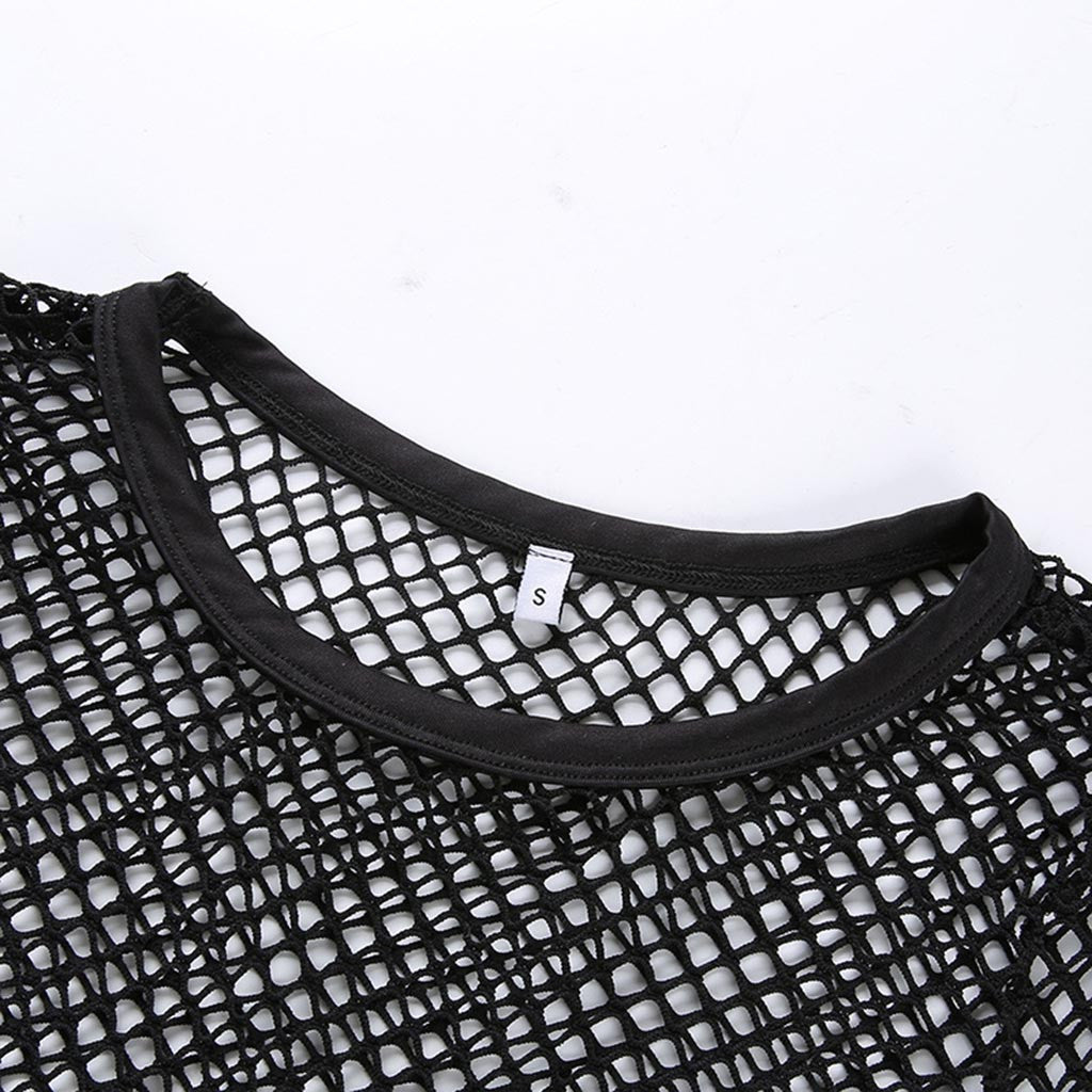 Close-up of women's black mesh crop top collar, featuring a unique knitted design perfect for gothic streetwear.