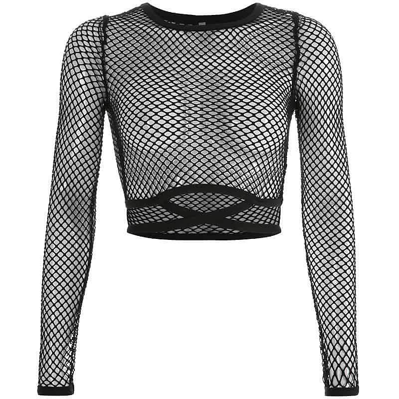 Women's black long sleeve mesh crop top, perfect for gothic streetwear and rock outfits.