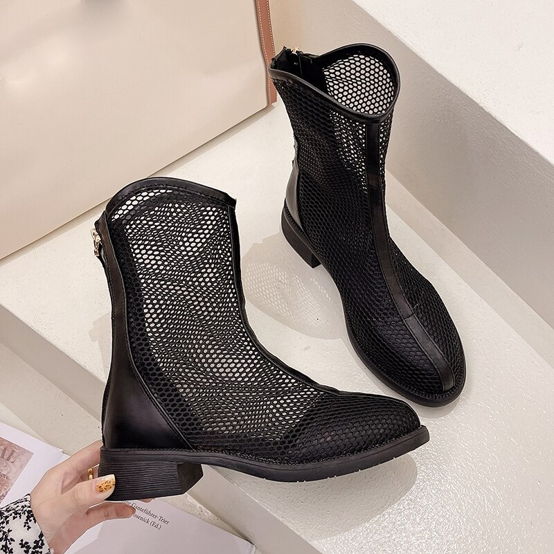 Women's Spring-Summer Mesh Boots / Cool Round Toe Shoes With Zipper / Female Ankle Boots - HARD'N'HEAVY