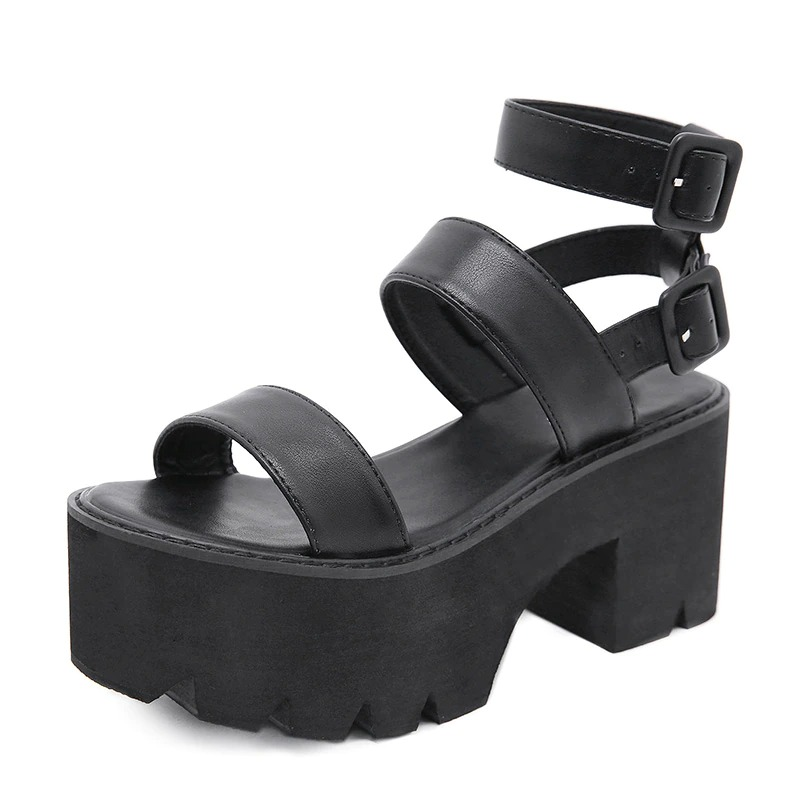 Women's Square Heel Black Sandals / Fashion High Heel Platform Shoes in Goth Style - HARD'N'HEAVY