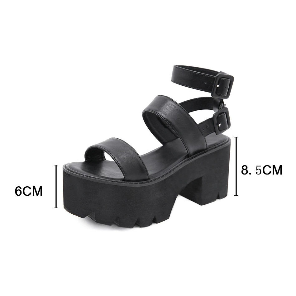 Women's Square Heel Black Sandals / Fashion High Heel Platform Shoes in Goth Style - HARD'N'HEAVY