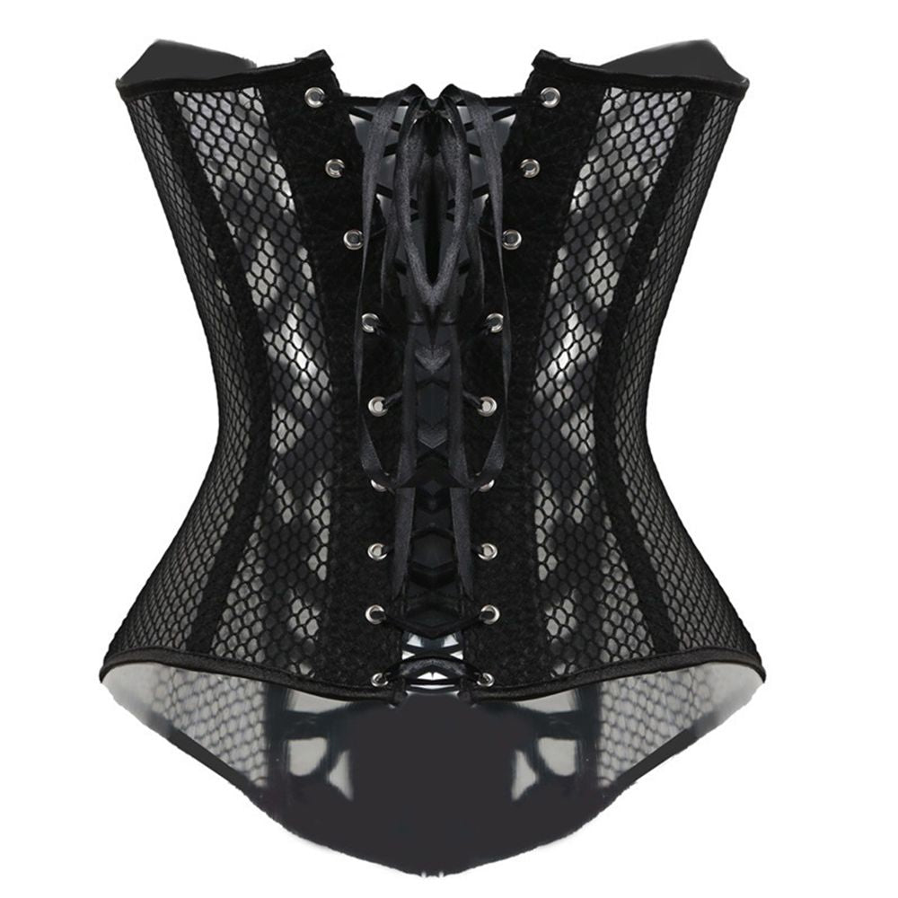 Gothic steampunk black mesh waist trainer corset with lace-up back for women, perfect for any occasion.