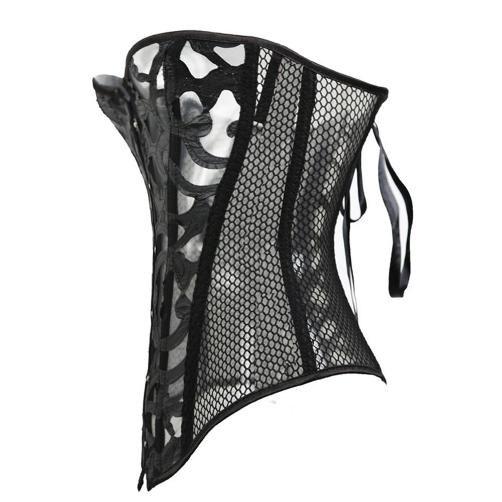 Women's Steampunk Black Mesh Waist Trainer Corset in Gothic Style, featuring a stylish laced back for a comfortable fit.