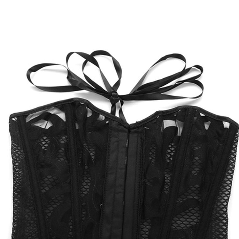 Black mesh waist trainer corset with elegant lacing, perfect for a gothic steampunk look.