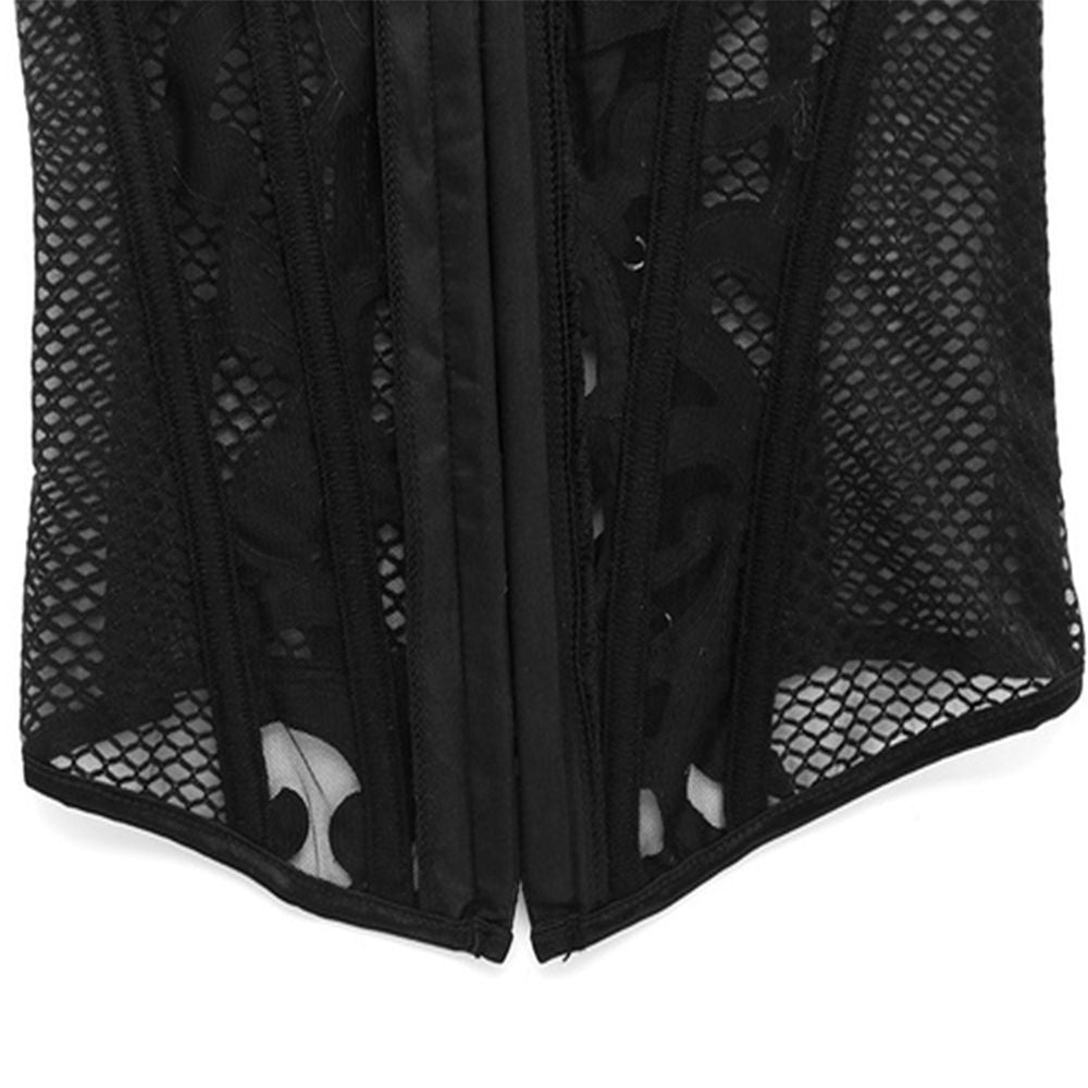 Close-up of a black mesh steampunk corset, showcasing intricate lacing and stylish design for gothic fashion lovers.