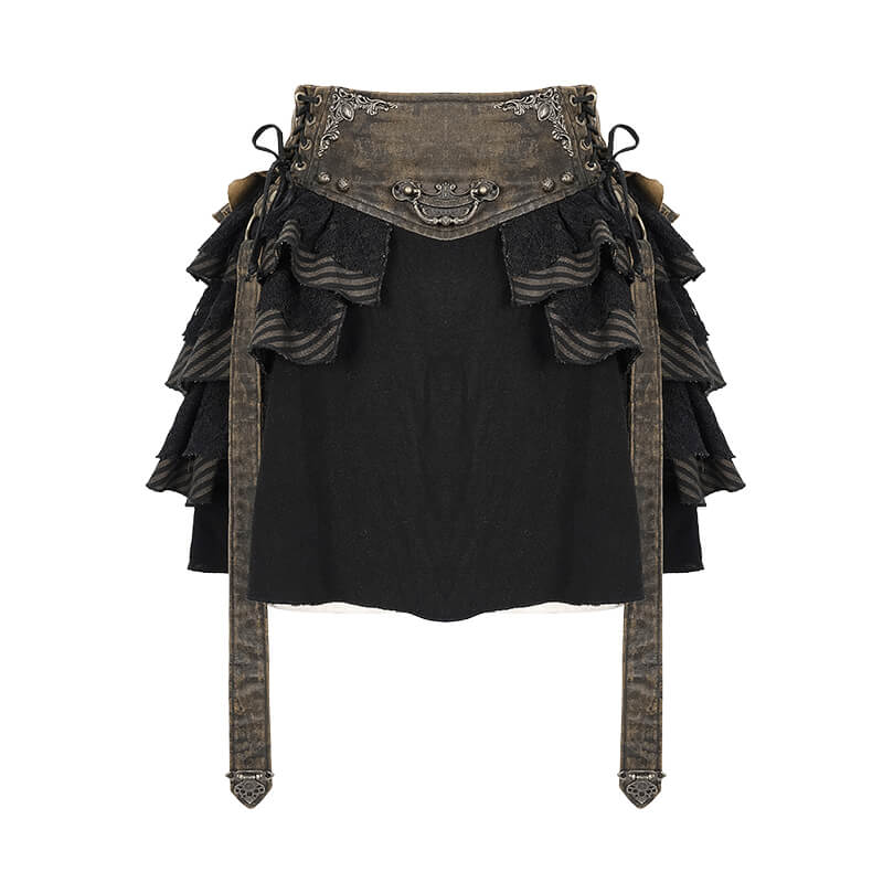 Women's Steampunk Brown Mini Skirt with Ruffle / Female Skirts with Faux Leather Straps - HARD'N'HEAVY