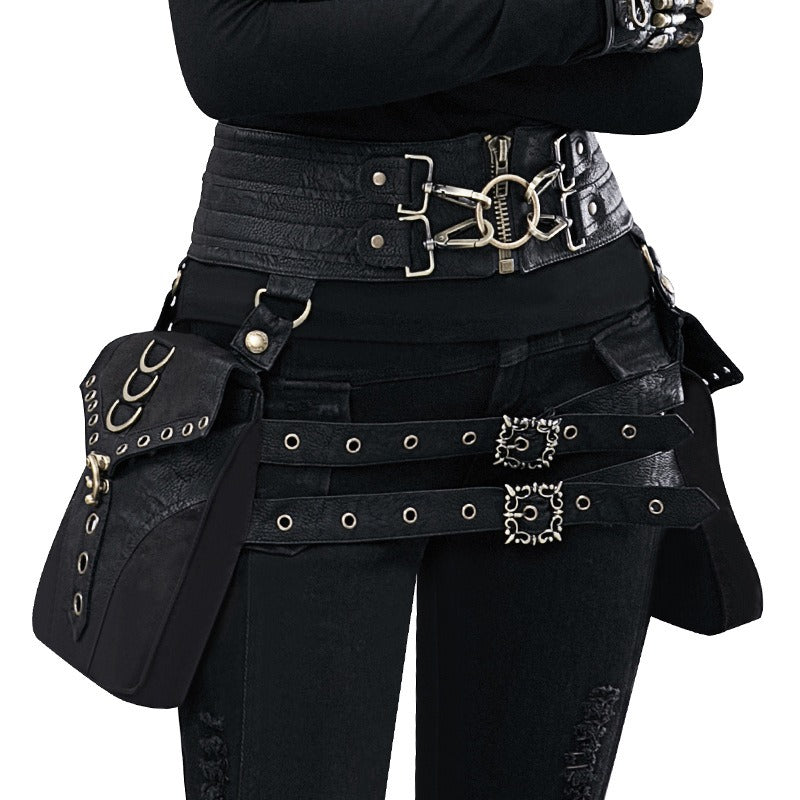 Women's Steampunk PU Leather Black Backpack / Designer Motorcycle Waist Bag - HARD'N'HEAVY