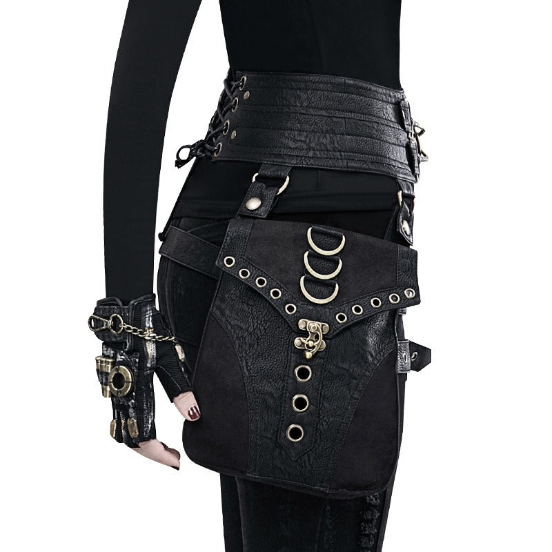 Women's Steampunk PU Leather Black Backpack / Designer Motorcycle Waist Bag - HARD'N'HEAVY