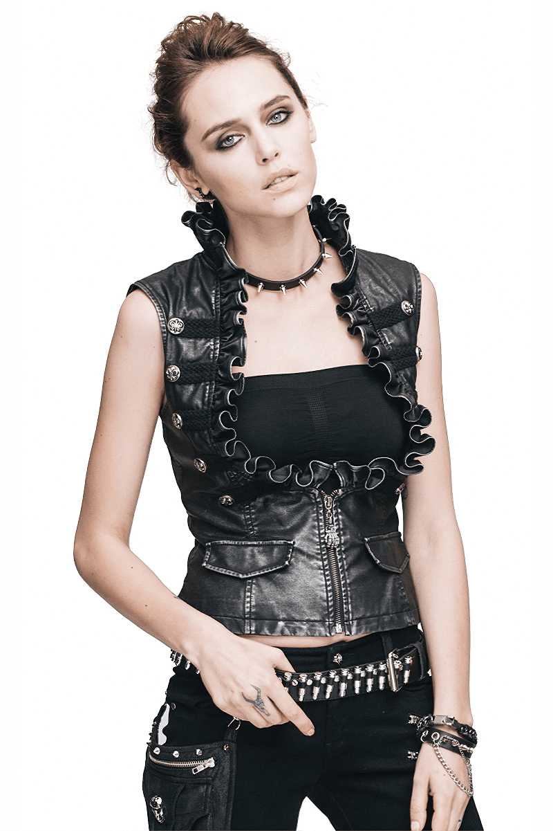 Sexy Women's Steampunk PU Leather Waistcoat With Leather Frills / Female Alternative Clothing - HARD'N'HEAVY