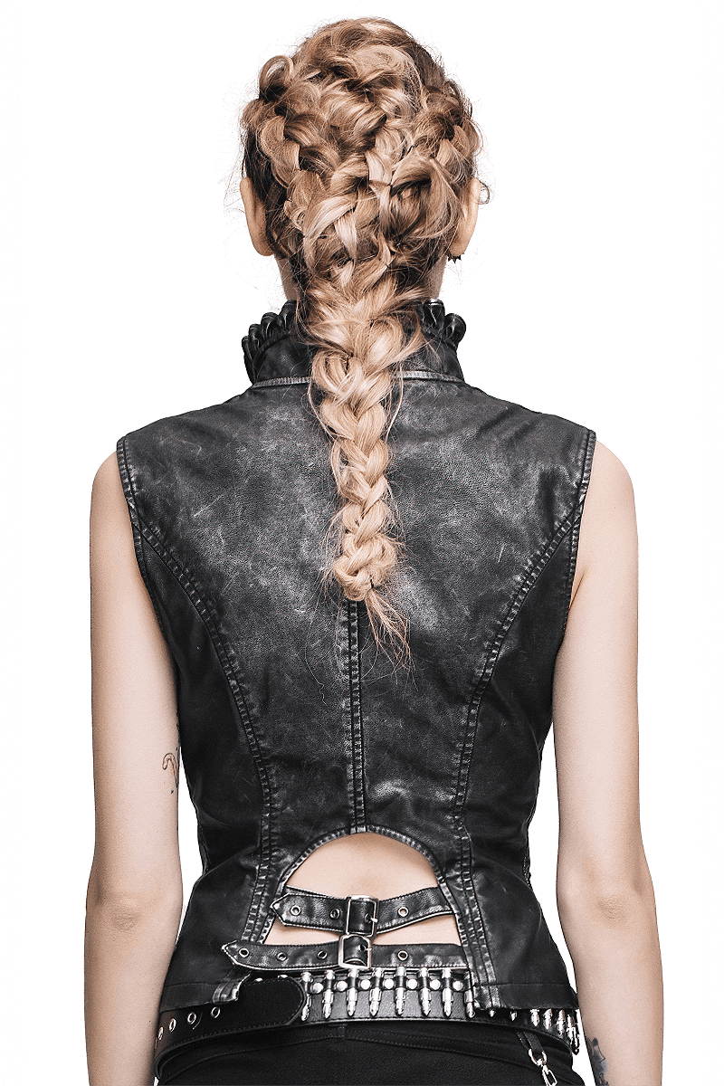 Sexy Women's Steampunk PU Leather Waistcoat With Leather Frills / Female Alternative Clothing - HARD'N'HEAVY