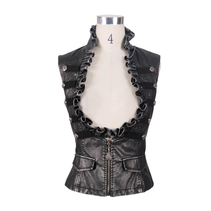 Sexy Women's Steampunk PU Leather Waistcoat With Leather Frills / Female Alternative Clothing - HARD'N'HEAVY