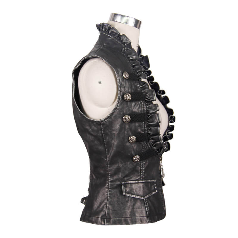 Women's steampunk PU leather waistcoat with frills and silver buttons, perfect for stylish outfits.