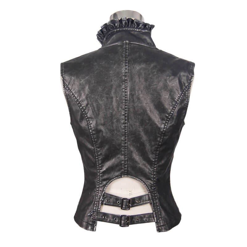 Back view of women's steampunk PU leather waistcoat with frills, showcasing silver buttons and unique design.