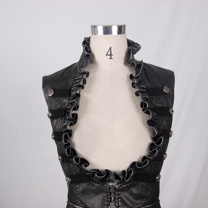 Close-up of Women's Steampunk PU Leather Waistcoat featuring frills and silver buttons, perfect for trendy outfits.