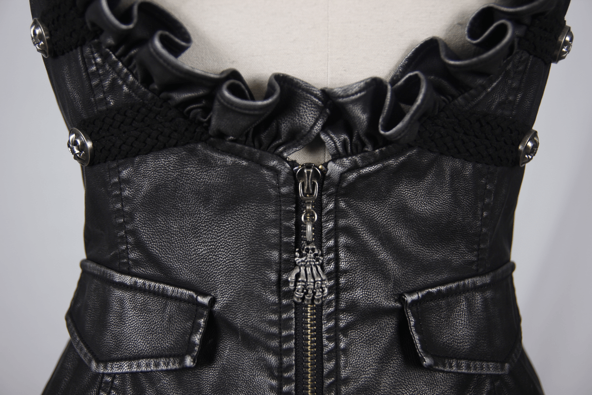 Close-up of women's steampunk PU leather waistcoat with ruffled collar and silver buttons.