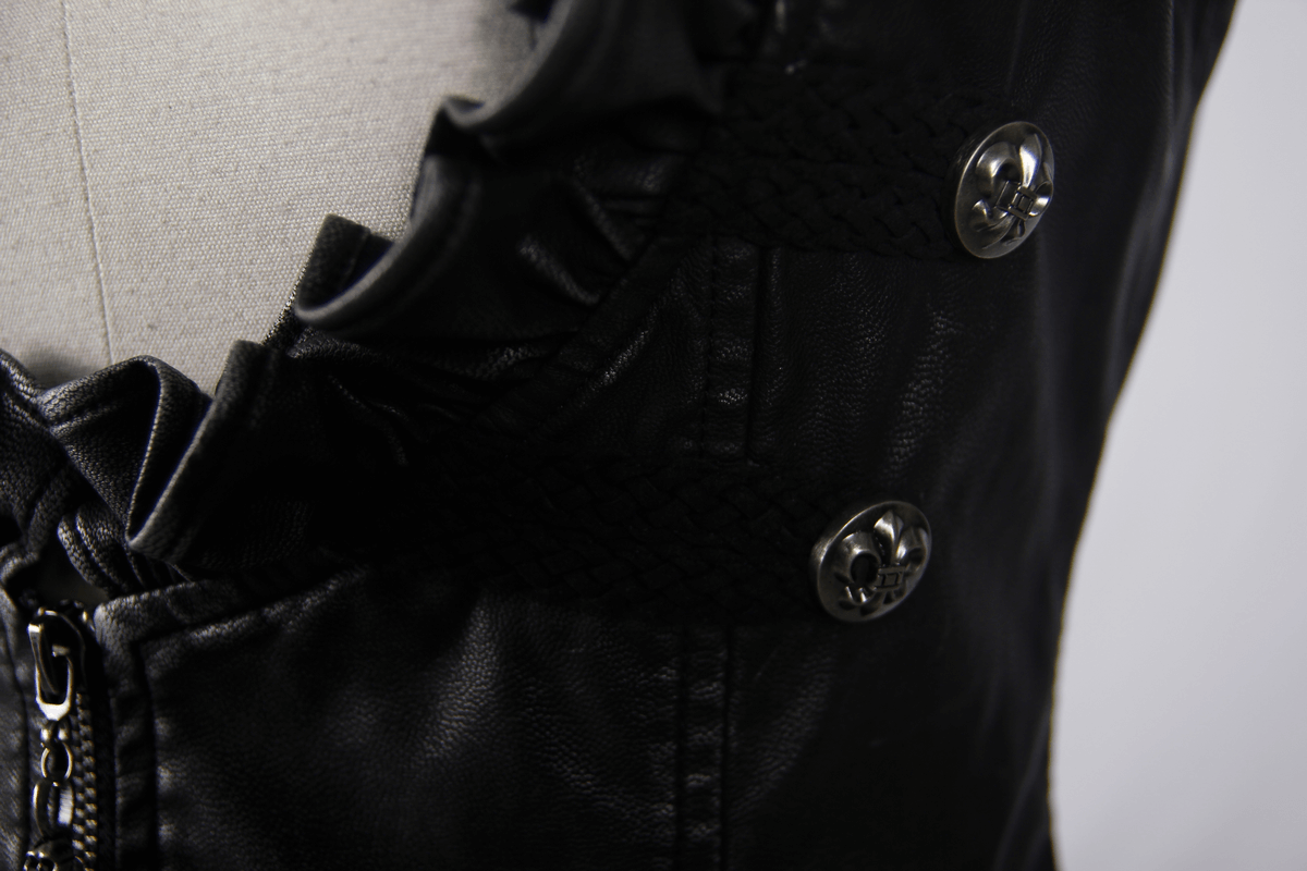 Close-up of women's steampunk PU leather waistcoat showing frills and silver skull buttons.