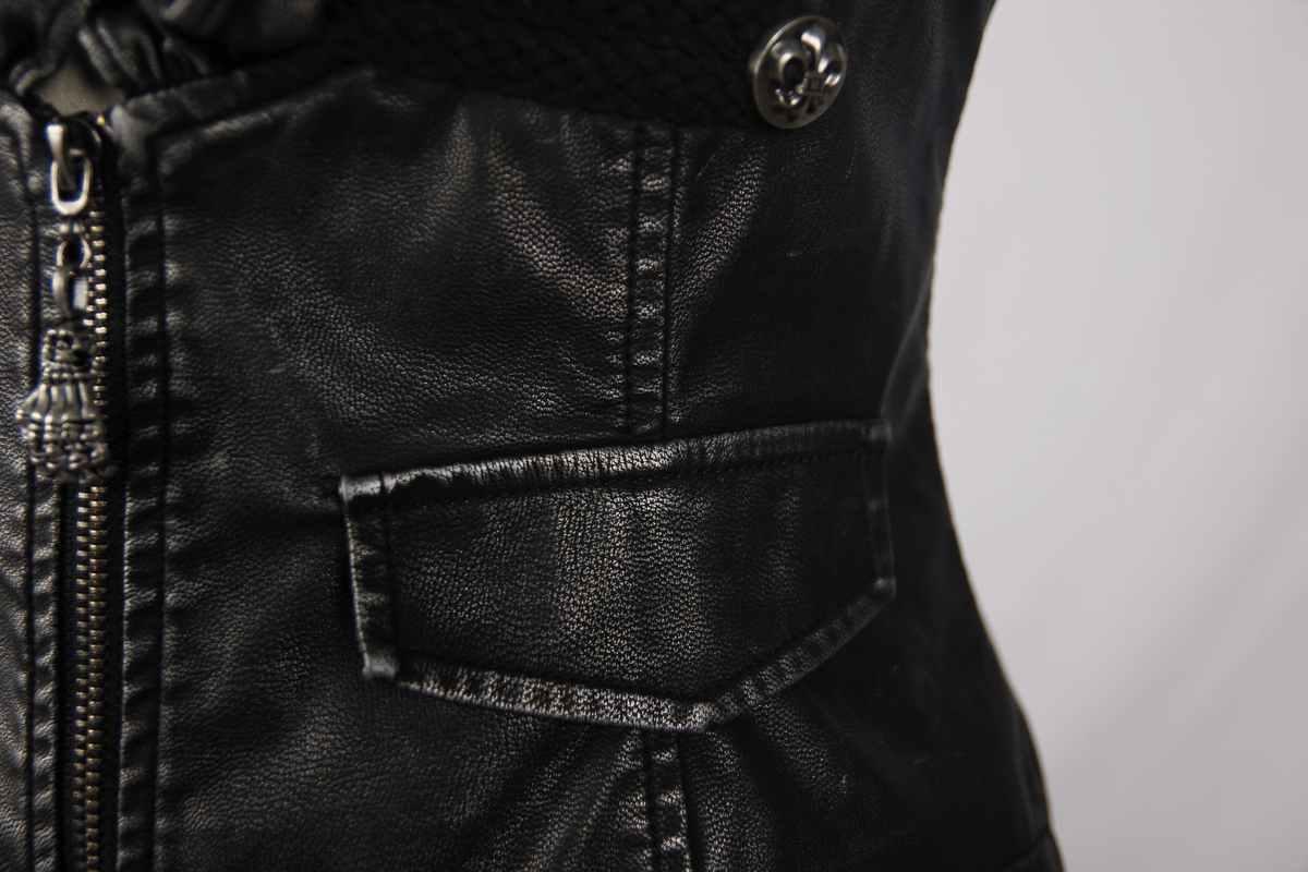 Close-up of women's steampunk PU leather waistcoat showing zipper and decorative silver button detail.