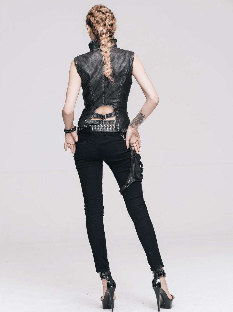 Fashionable woman in steampunk PU leather waistcoat, showcasing trendy design from the back with stylish black pants.