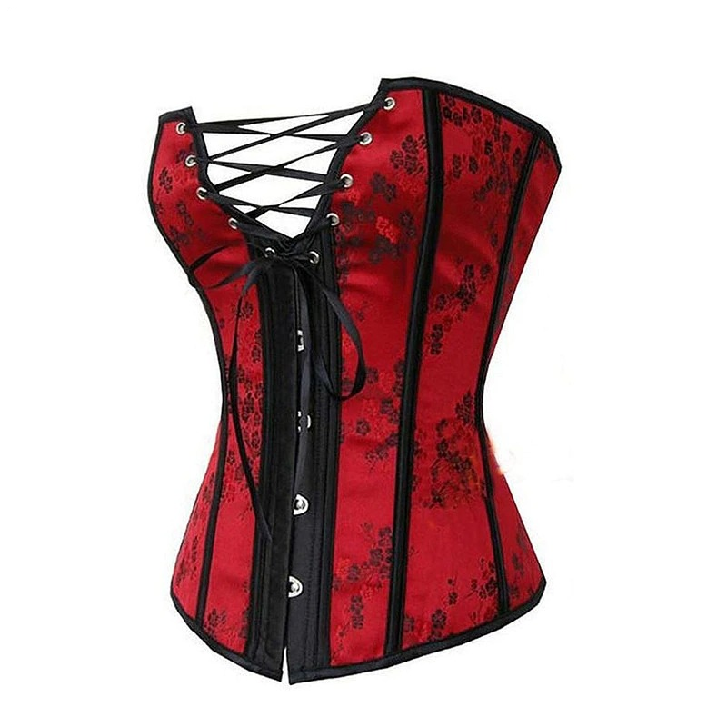 Elegant red gothic corset with floral design and lace-up front for a sexy silhouette.