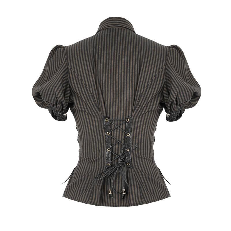 Women's steampunk slim fit coffee blouse with lace-up back and short puff sleeves.