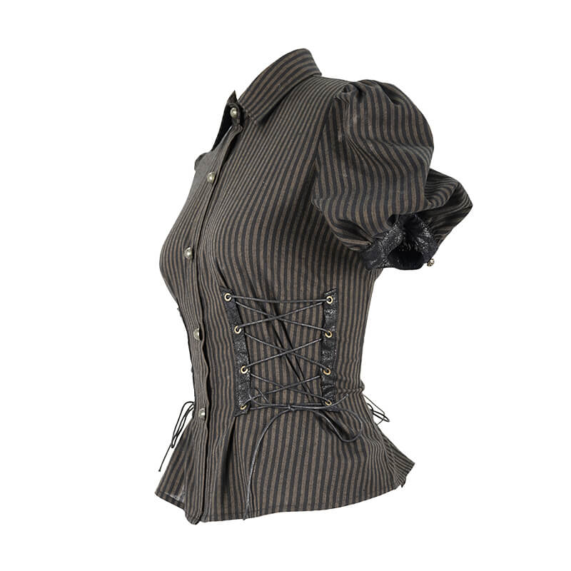 Side view of a women's steampunk slim fit shirt with lace-up sides and puff sleeves in dark striped pattern.