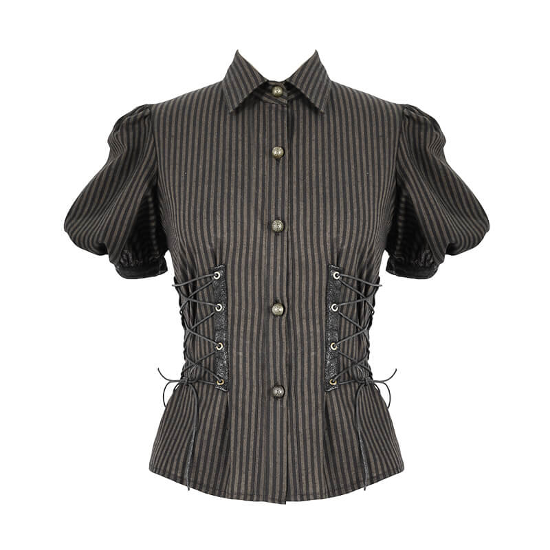 Women's steampunk coffee blouse featuring lace-up sides and puff short sleeves, perfect for a vintage-inspired look.