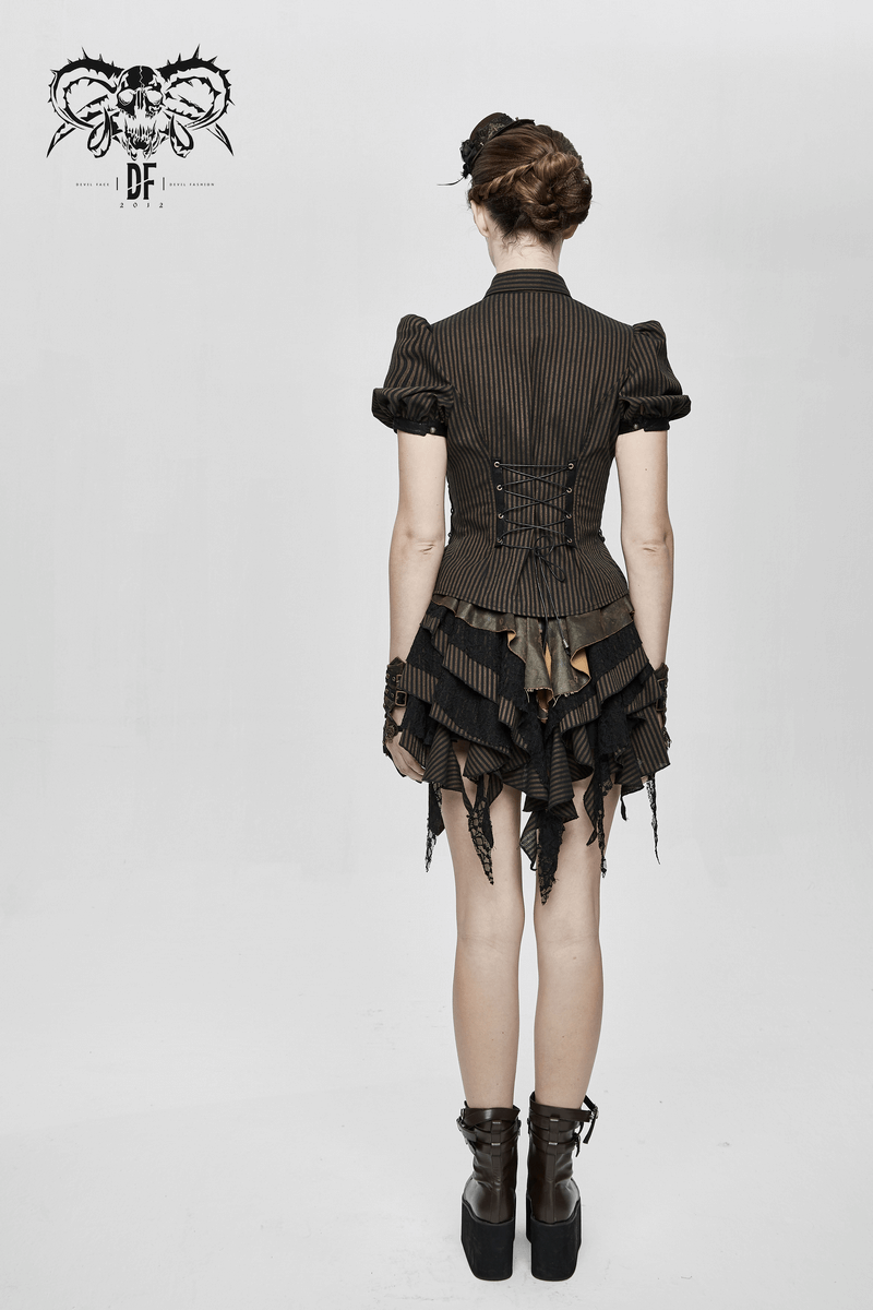 Back view of a women's steampunk blouse with puff sleeves and laced detailing, styled with a layered ruffle skirt.