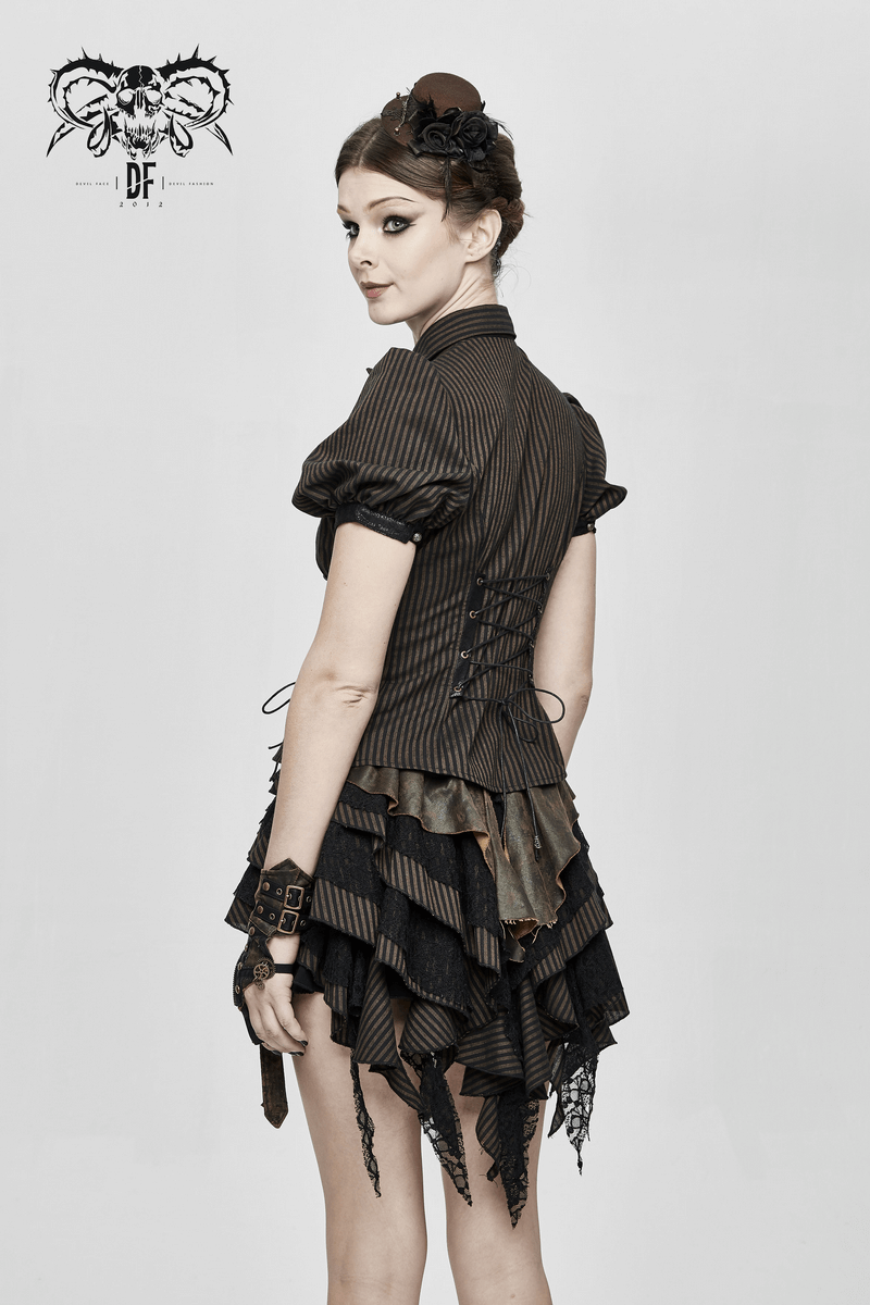 Back view of a woman in a steampunk-style coffee blouse with lace-up detail and short puff sleeves, showcasing an elegant vintage look.
