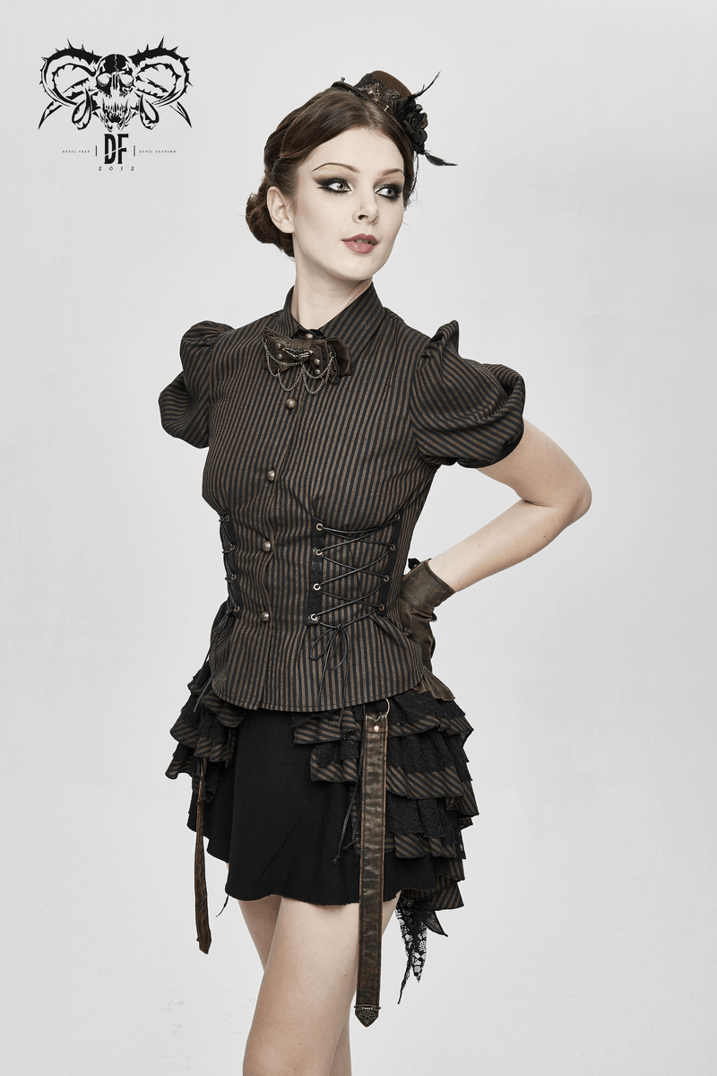 Women's steampunk blouse with short puff sleeves and lace-up detail, perfect for alternative fashion lovers.