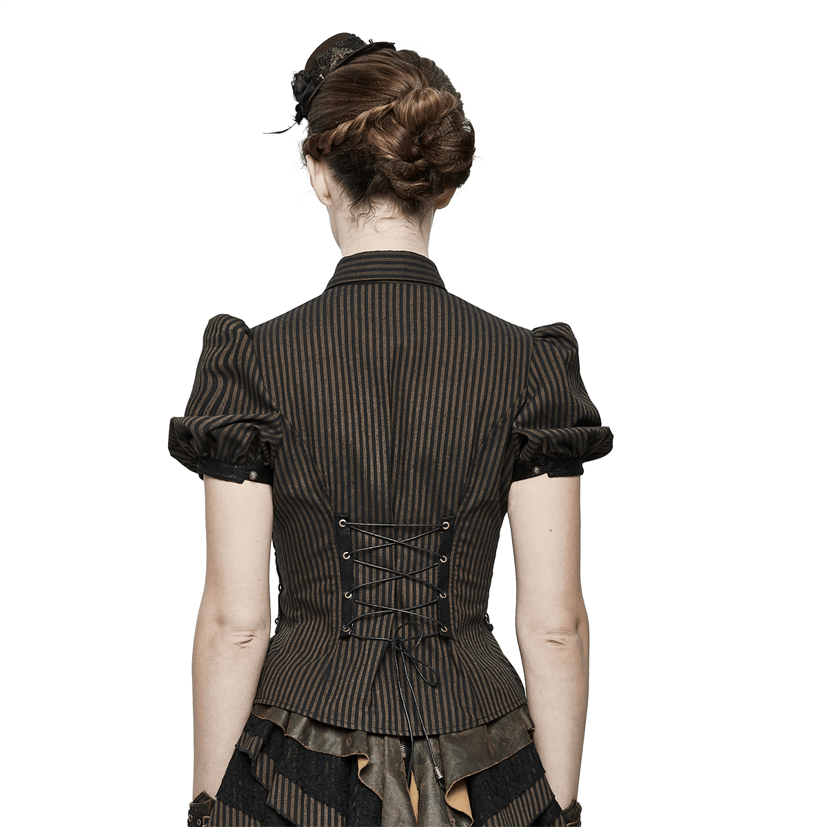 Back view of a women's steampunk blouse with lace-up detail and puff sleeves, perfect for vintage style lovers.