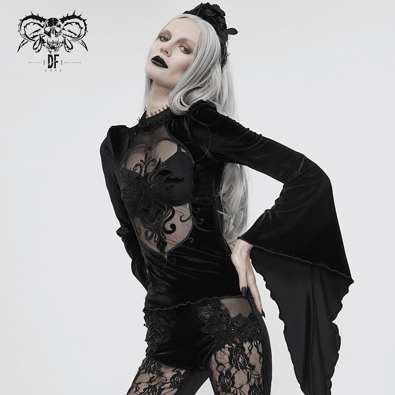 Women's Stretch Long Sleeves Top / Gothic Ladies Top With Mesh Inserts and Partially Transparent - HARD'N'HEAVY