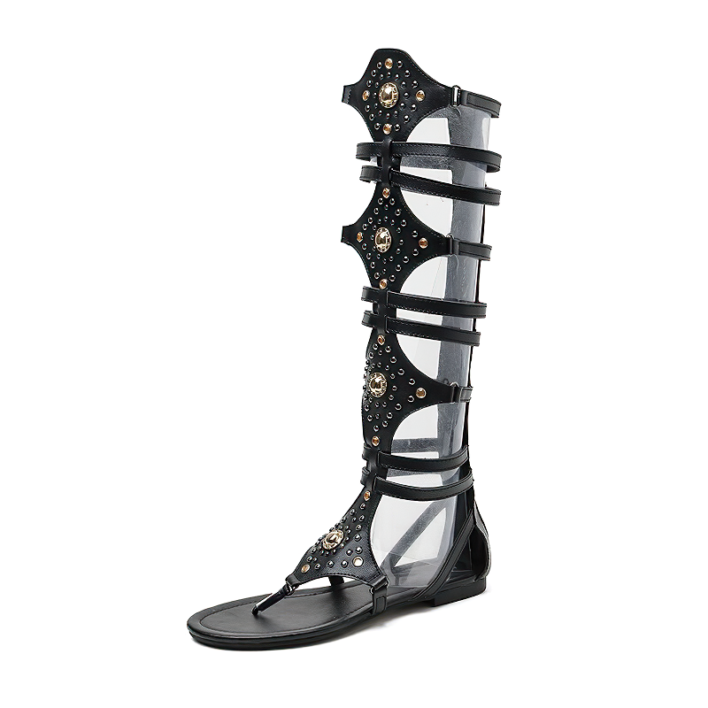 Stylish women's black summer sandals with crystal embellishments and straps for a chic look.