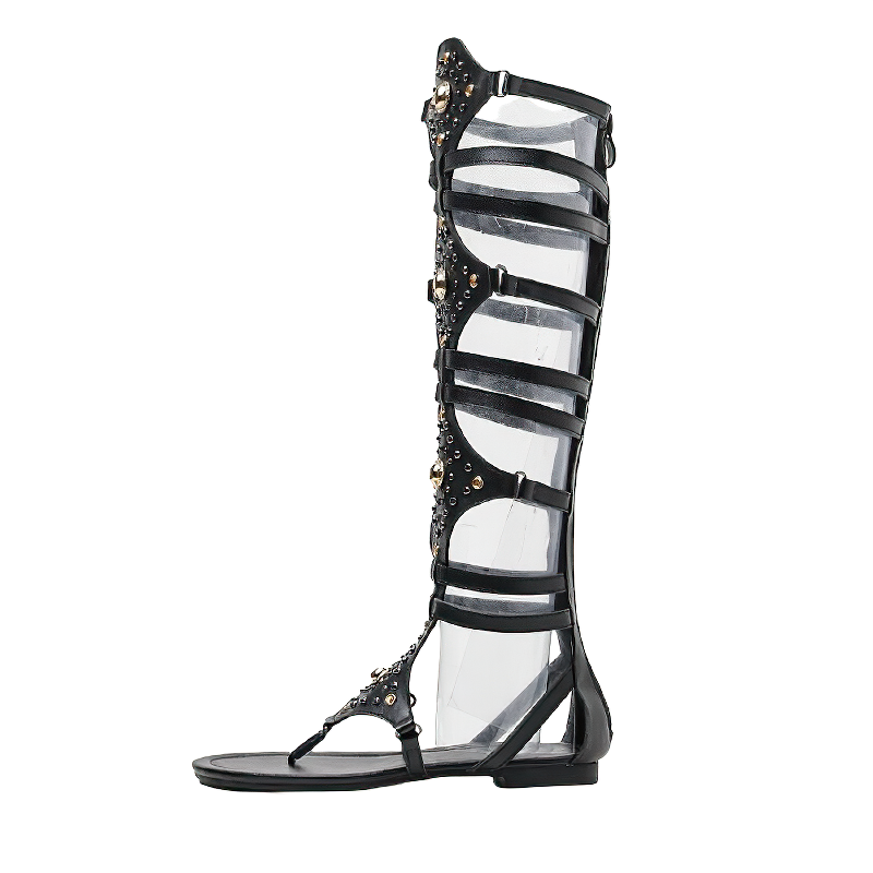 Black open toe summer sandals with crystal decoration and low heel for women.