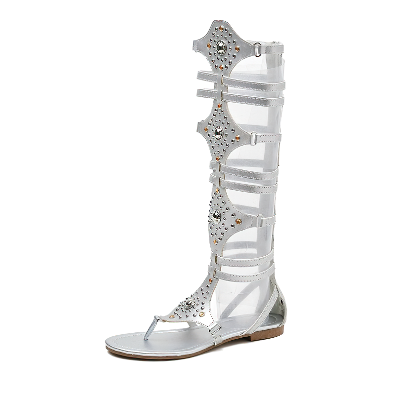 Stylish silver open-toe gladiator sandals adorned with crystals, perfect for summer fashion.