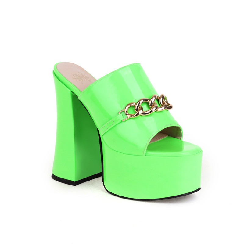 Stylish women's neon green peep-toe high heel slippers with chain detail, perfect for summer parties.