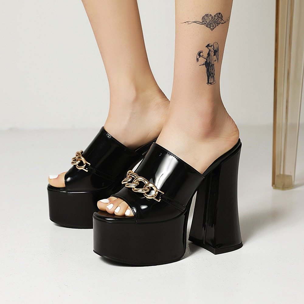 Stylish women's black peep-toe high heel slippers with chain detail, perfect for summer parties and trendy outfits.