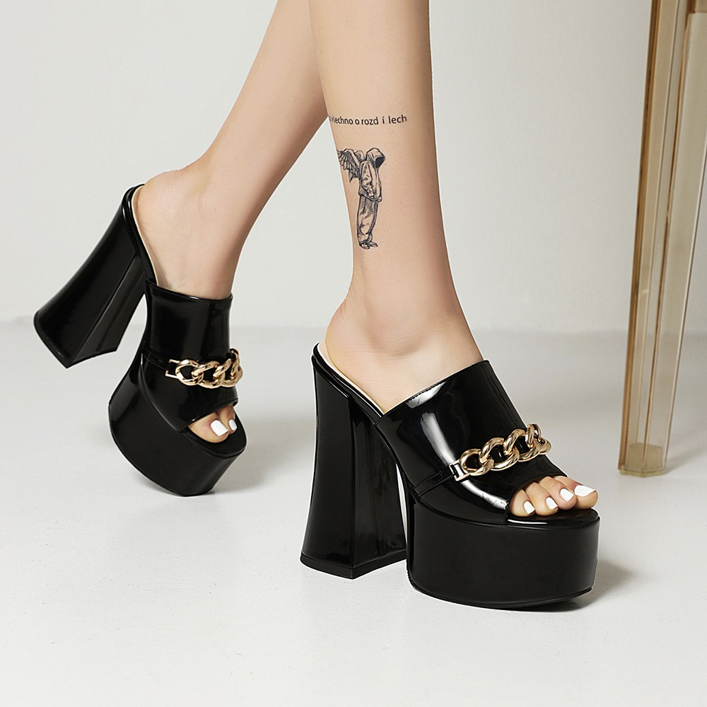 Women's summer peep-toe high heels slippers in black patent leather with chain detail, perfect for parties.