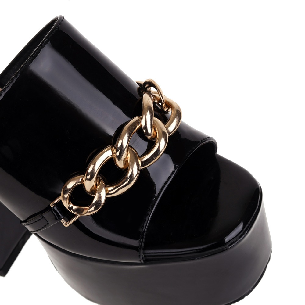 Women's black patent leather peep-toe high heels with a gold chain, perfect for summer parties and trendy outfits.