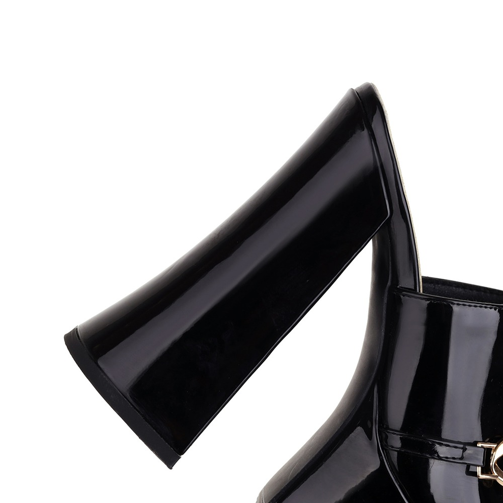 Close-up of women's black patent leather peep-toe high heel slipper showing the stylish thick heel and elegant design.